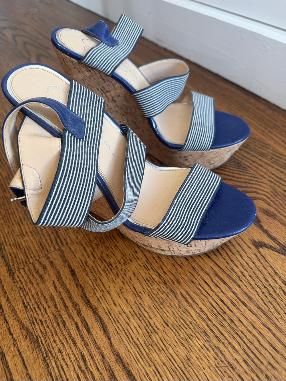 Jessica Simpson Navy Blue and White Striped Cork Wedges